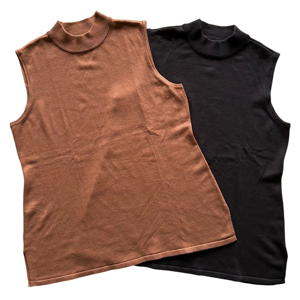 JM Collection Womens Mock Neck Sleeveless Knit Sweater Set Black Camel Brown PL